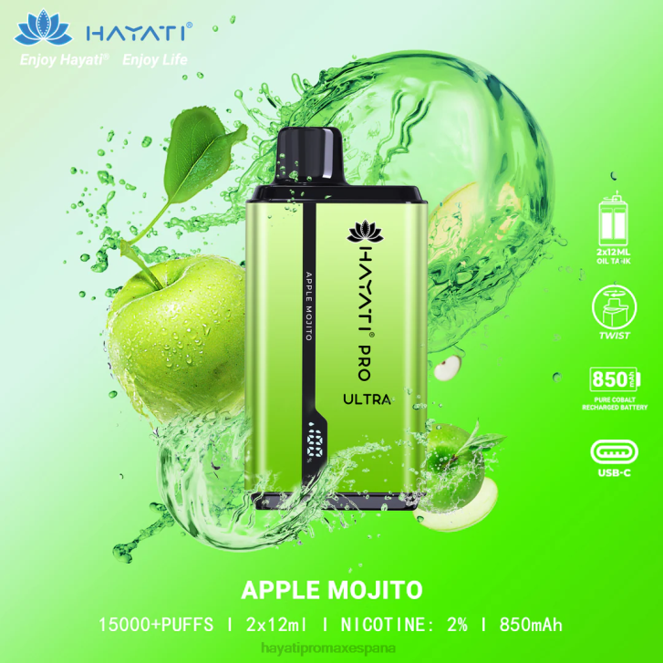 Hayati Pro Ultra desechables 15000 inhalaciones FTTT200 mojito de manzana - Tienda Hayati