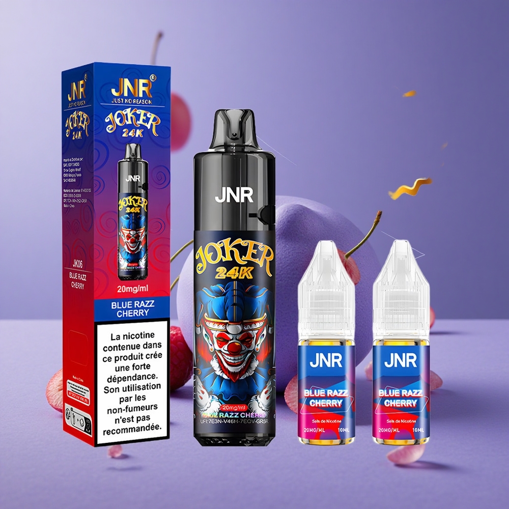 JNR Joker 24K Puffs Desechable Vape Cereza Frambuesa Azul con Batería 800mAh y Nivel de E-líquido Visible
