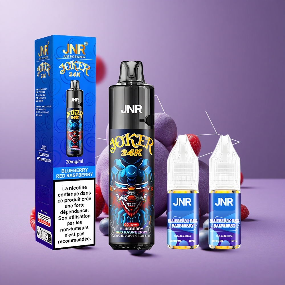 JNR Joker 24K Puffs Vape Desechable Arándano Azul Frambuesa Roja con Batería 800mAh y Nivel de E-líquido Visible