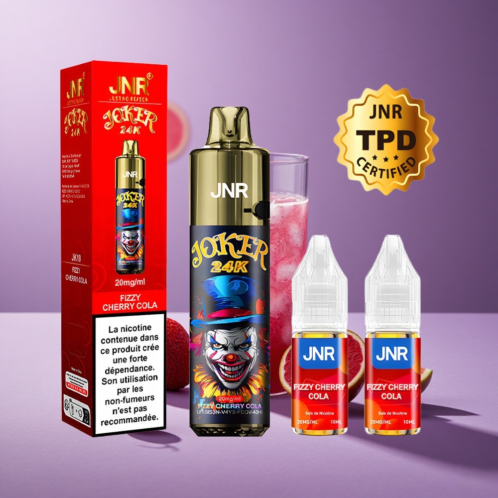 JNR Joker 24K Puffs Vape Desechable Cereza Refresco Cola con Batería 800mAh y Niveles de E-líquido Visibles