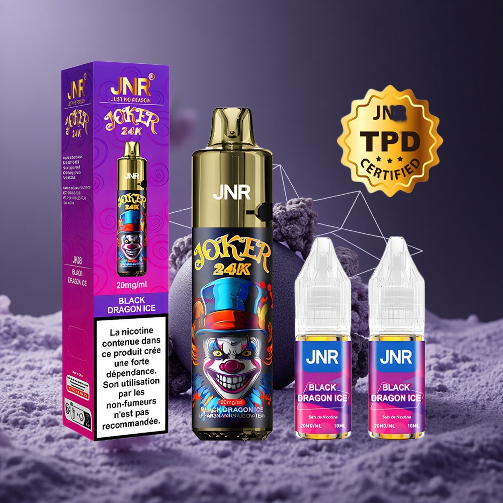 JNR Joker 24K Puffs Vape Desechable Dragón Negro Hielo con Batería 800mAh y Recargable Tipo-C