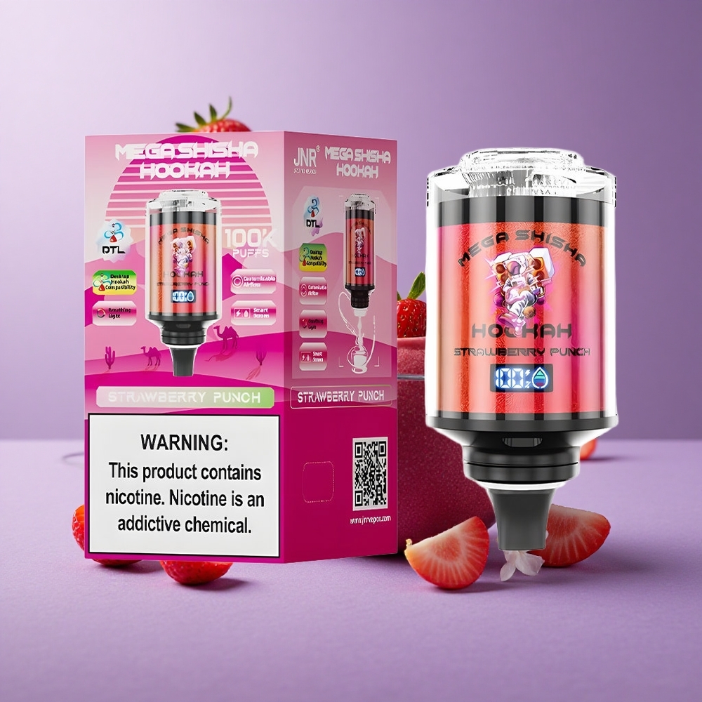 JNR Mega Shisha Hookah 100K Fresa Golpe Pantalla Inteligente Interactiva