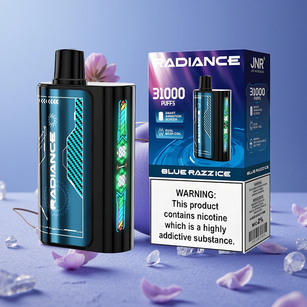 JNR Radiance 31000 Puffs Vape Desechable Arándano Azul Hielo con Pantalla Animada Inteligente y Batería Recargable