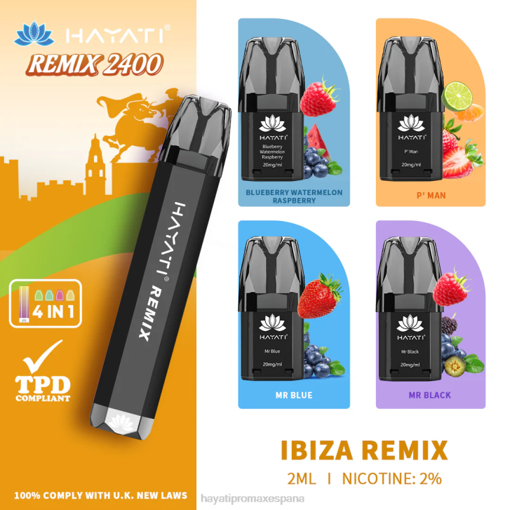 Hayati Remix sistema de cápsulas precargadas 2400 inhalaciones FTTT55 remezcla de ibiza - Hayati Disposable Vape Review